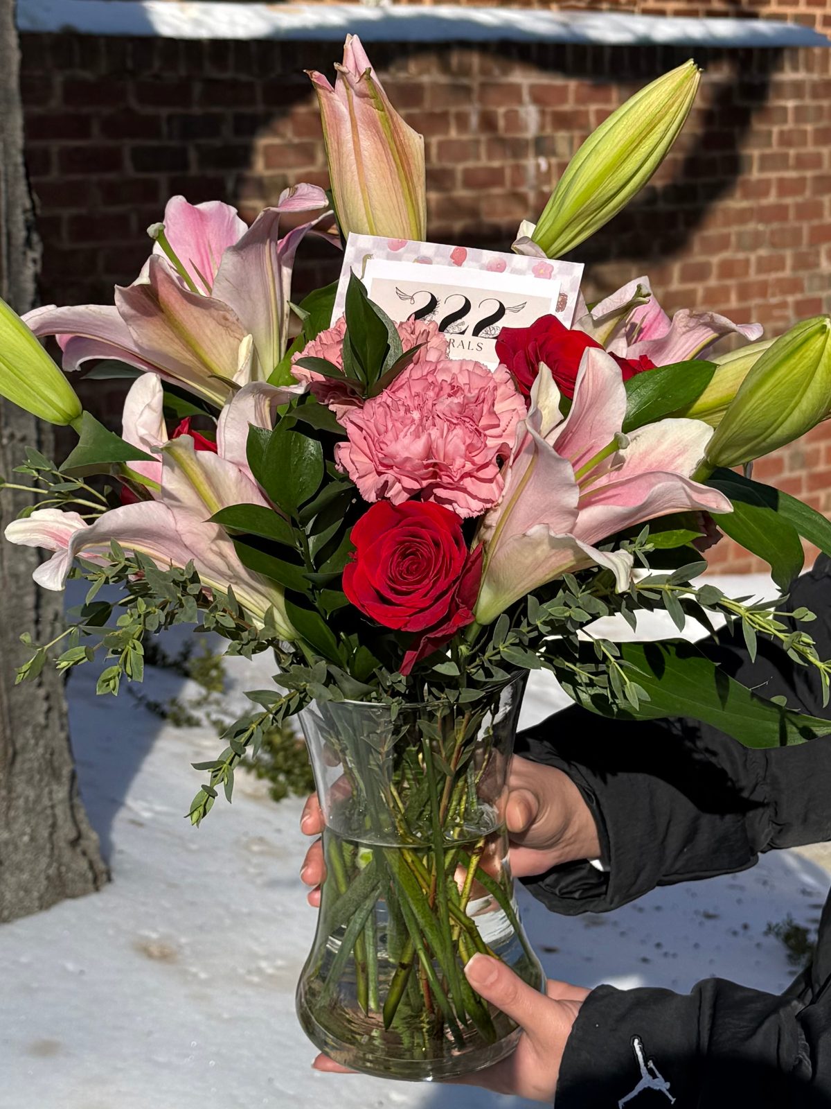 Pink lilies and red roses Valentine's bouquet