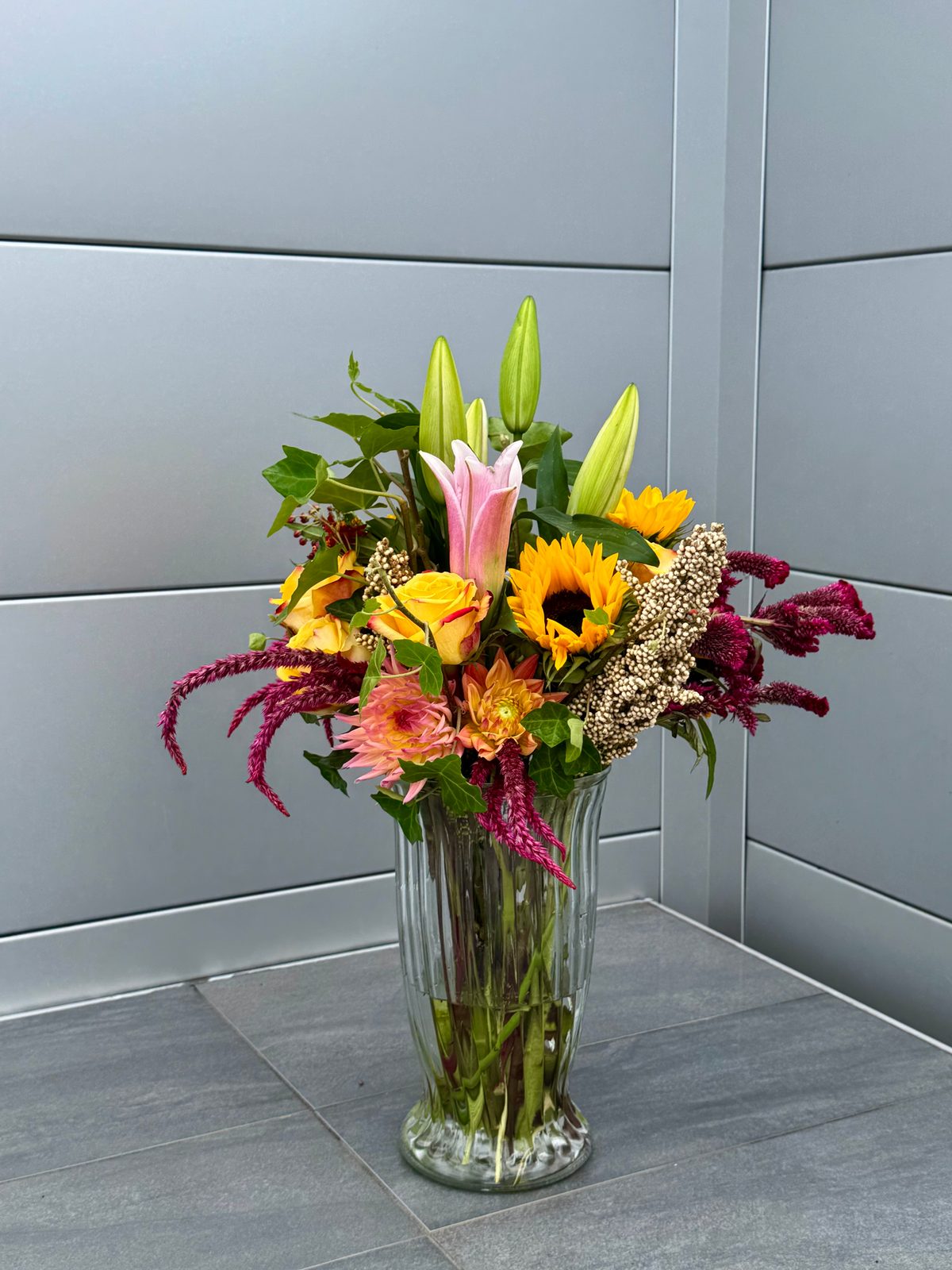 Fall sunflower and amaranth arrangement