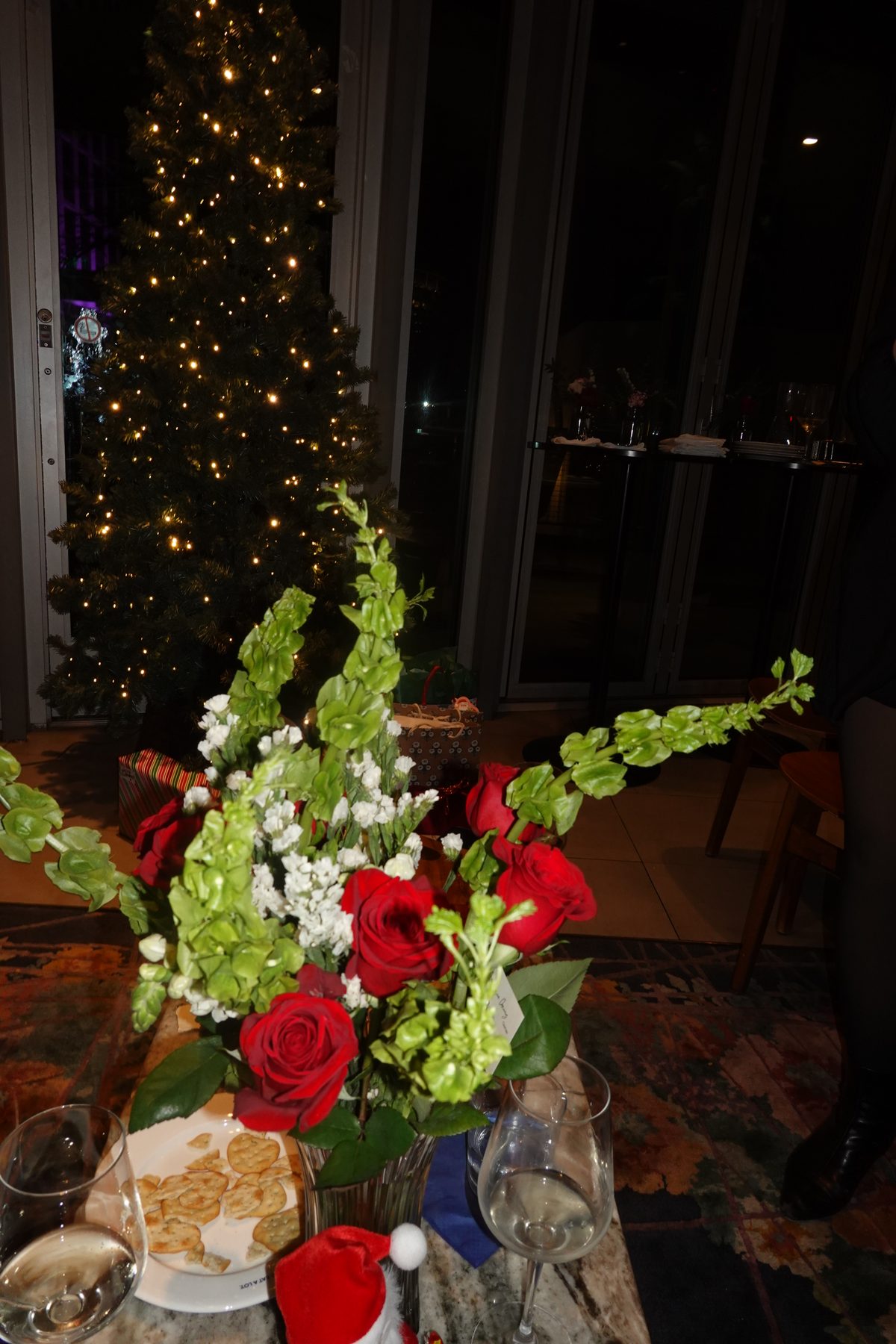 Holiday tablescape with festive floral centerpiece
